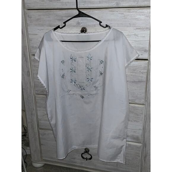 Handmade White Embroidered Boho Cotton Boxy Tunic Top - Picture 1 of 5